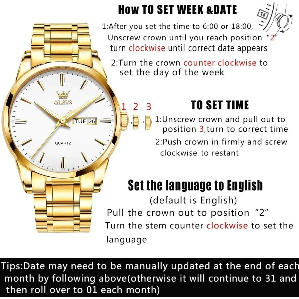 Olevs Men's Gold Steel White Stainless Steel Man Watch Luminous Stylish Watch